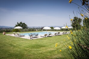 A swimming pool with lounge chairs and umbrellas, surrounded by a grassy lawn and a view of the landscape. - Country House Poggio Fiorito (Assisi)