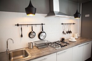 Full-sized fridge, microwave, stovetop, electric kettle