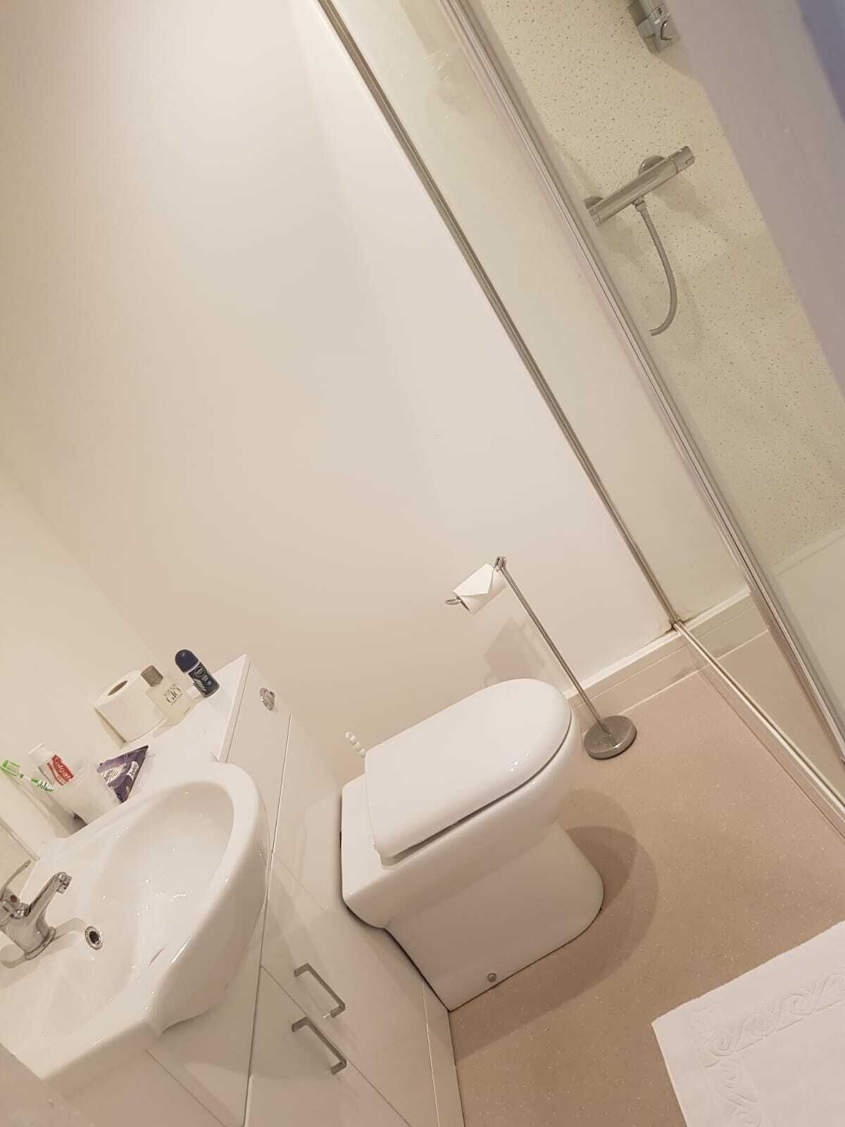 A bathroom with a white sink, toilet, and a glass shower enclosure.