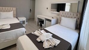 Habitación de hotel con dos camas, un escritorio, un espejo y un armario.