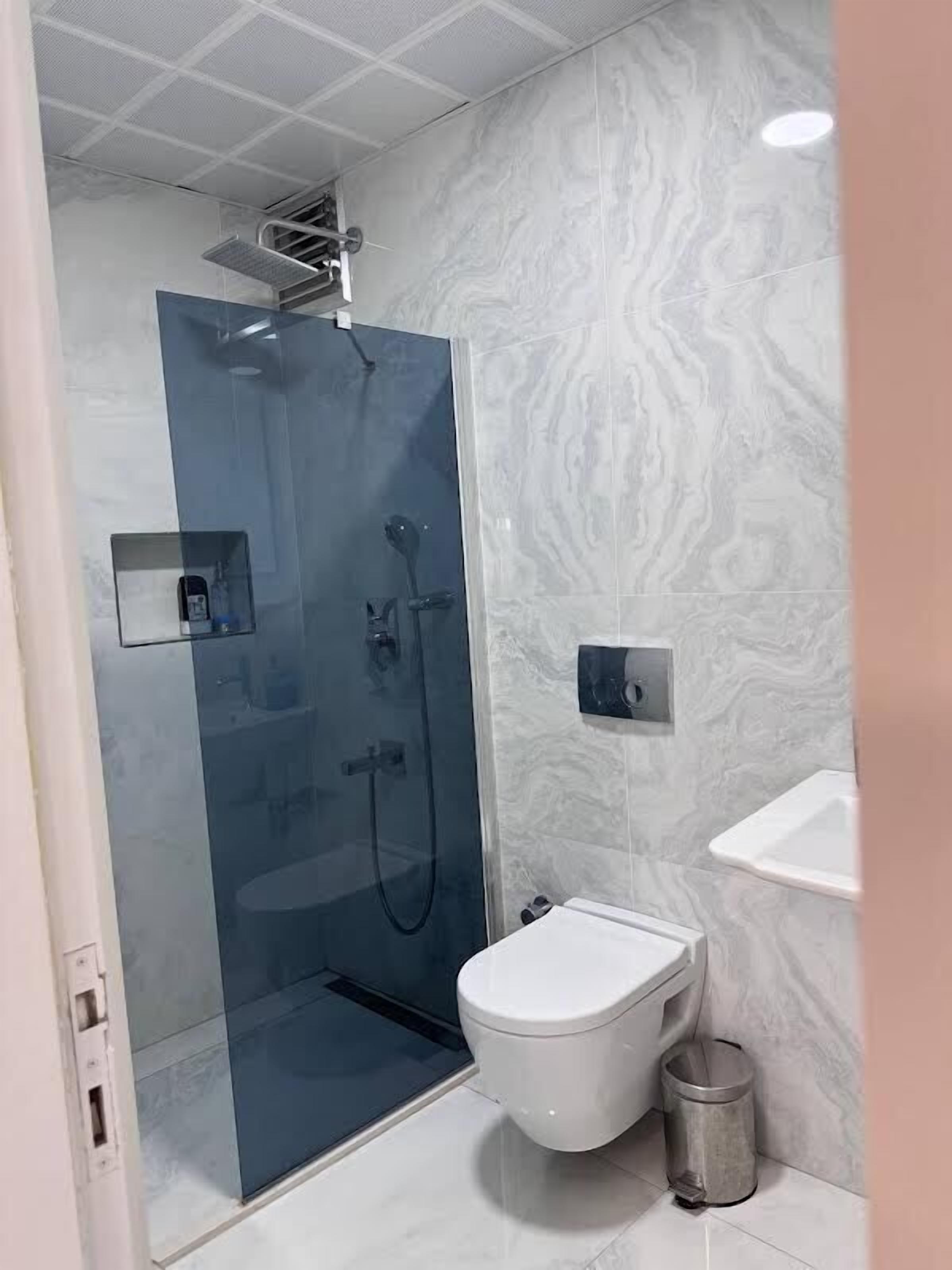 A modern bathroom with a glass-enclosed shower, a white toilet, and a sink.
