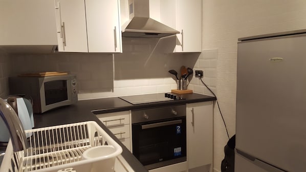Full-sized fridge, microwave, oven, stovetop