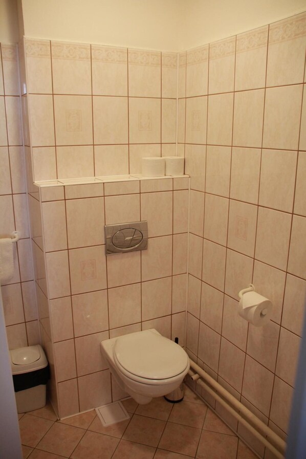 Un baño pequeño con azulejos, un inodoro, un bote de basura y un dispensador de papel higiénico.