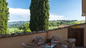 A terrace with wicker furniture, a table, and potted plants. - Agriturismo Pretenzano (Volterra)