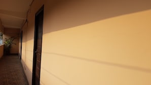 Un pasillo con piso estampado, una puerta y una pared con una grieta visible.