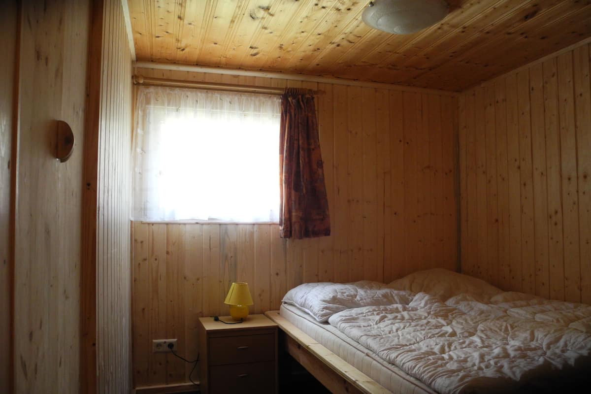 A wooden room with a single bed, a nightstand, a lamp, and a window with curtains.
