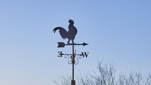 A wooden birdhouse with a rooster weather vane and a sign reading "Hillview Park D.D." - Hillview Park (Beauly)