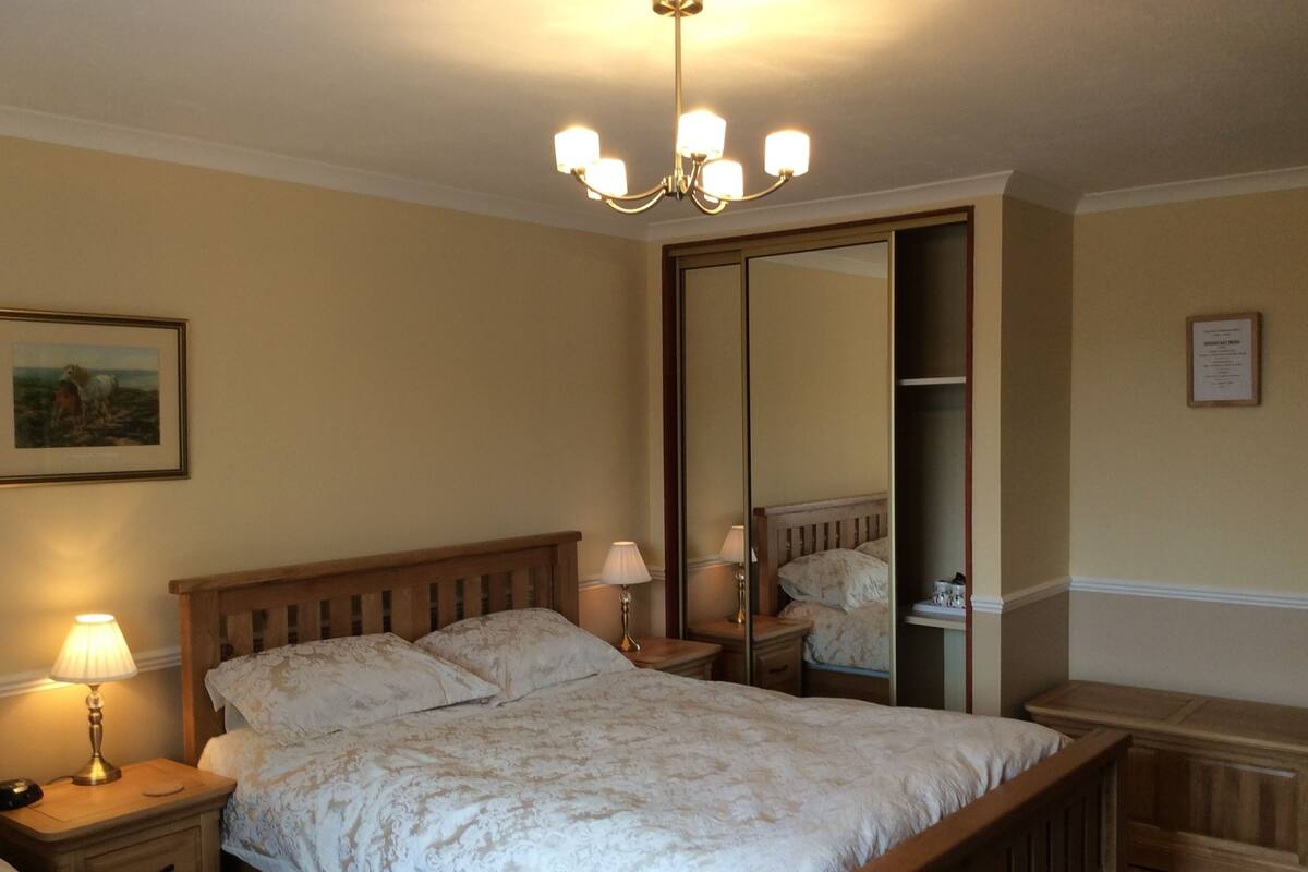 A bedroom with a wooden bed, bedside lamps, a mirror, and a framed picture on the wall.