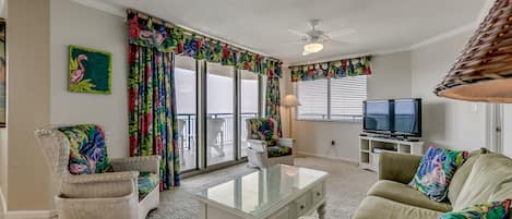 Duplex, 2 Bedrooms, Non Smoking, Beach View | Living room | Flat-screen TV, DVD player