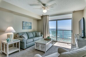 Condo, 1 Bedroom, Beach View | Living room | Flat-screen TV, DVD player - Crescent Keyes by Condo-World (North Myrtle Beach)