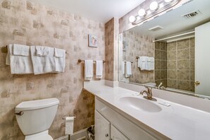 Condo, 3 Bedrooms, Beach View | Bathroom | Hair dryer, towels - Crescent Sands on Crescent Beach by Condo-World (North Myrtle Beach)