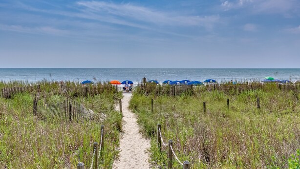 A sandy path leading to beach umbrellas and the ocean. - Summit by Condo-World (North Myrtle Beach)