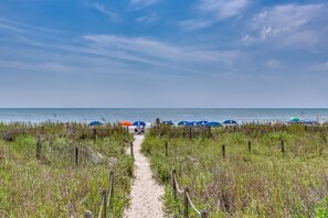 A sandy path leading to beach umbrellas and the ocean. - Summit by Condo-World (North Myrtle Beach)