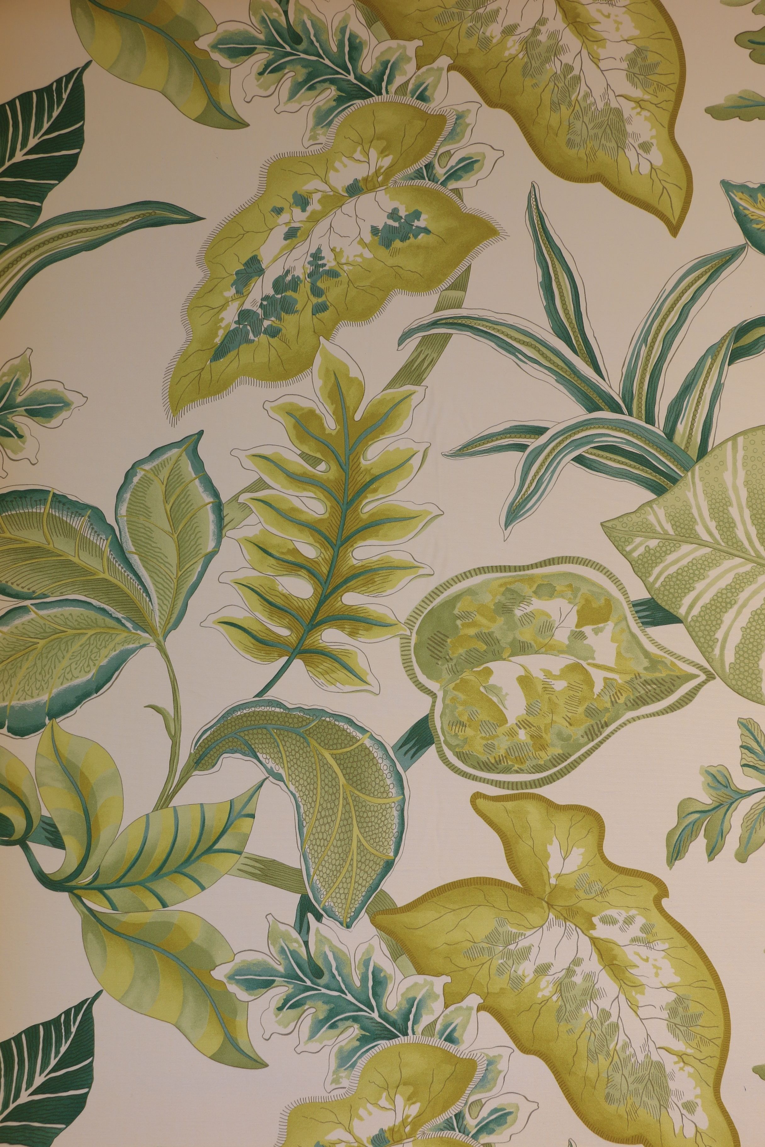 Una pared con diseño de hojas tropicales.