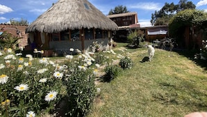 Une maison rustique avec un toit de chaume et un mur de pierre, entourée d’un jardin où poussent des fleurs blanches, sous un ciel bleu azur.