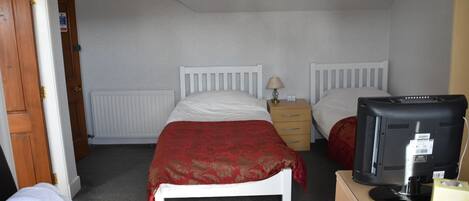 Une chambre d’hôtel avec deux lits simples, une commode en bois, un téléviseur et un radiateur.