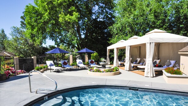 A swimming pool with lounge chairs and umbrellas, surrounded by trees and a covered seating area. - Palm Cottages (Ashland)
