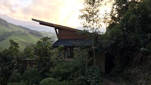 Eine rustikale Holzhütte mit geneigtem Dach, umgeben von dichtem Grün und einem Holzweg, der dorthin führt.
