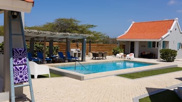 Outdoor pool, pool umbrellas, pool loungers