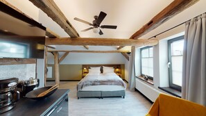 Suite estudio económica, 1 cama de matrimonio grande, microondas | Ropa de cama hipoalergénica y decoración individual