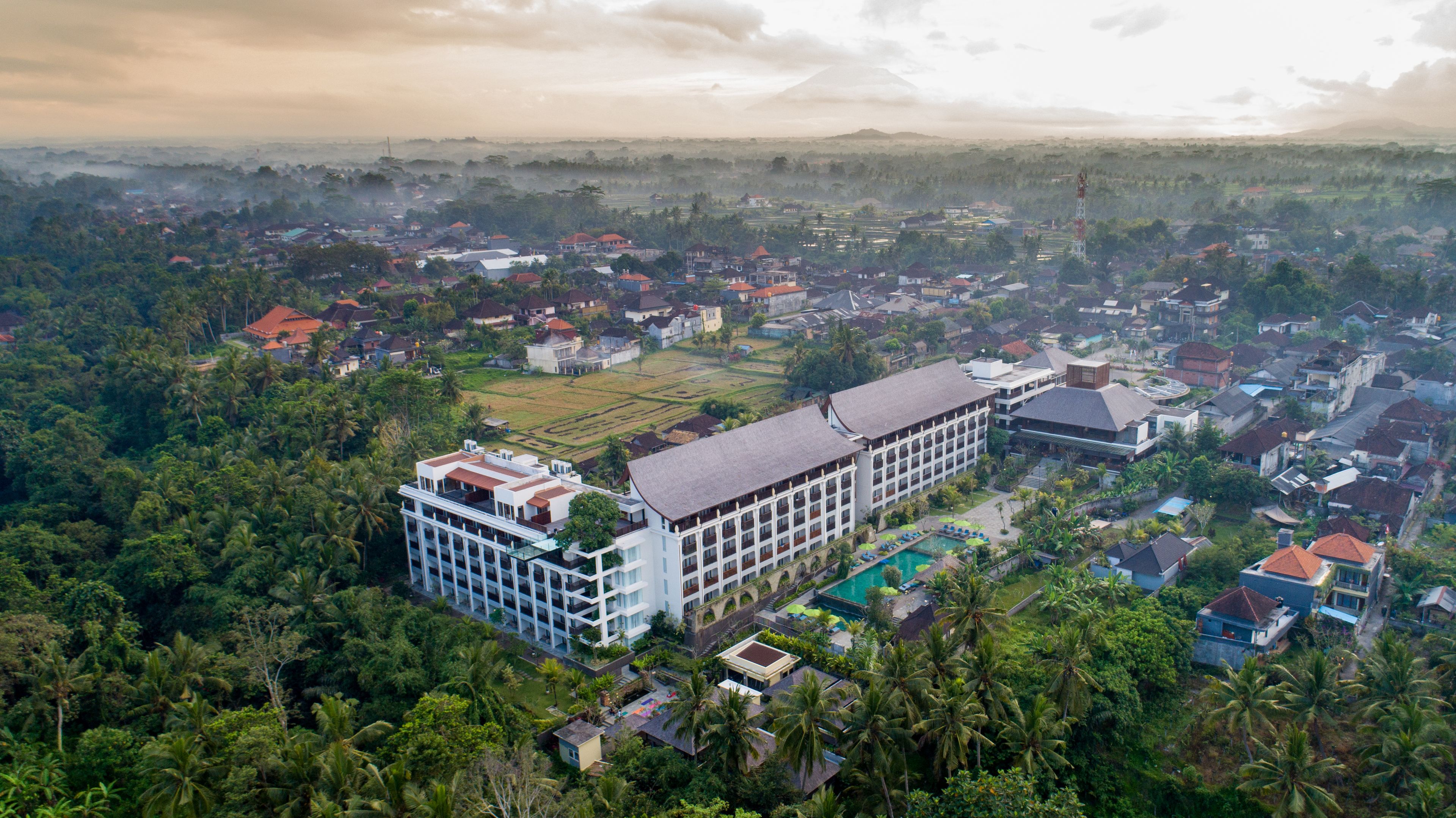An aerial view of a hotel with multiple floors, surrounded by lush greenery and a large swimming pool.