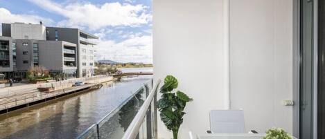 A balcony with a glass railing overlooking a river, a potted plant, and a small table.