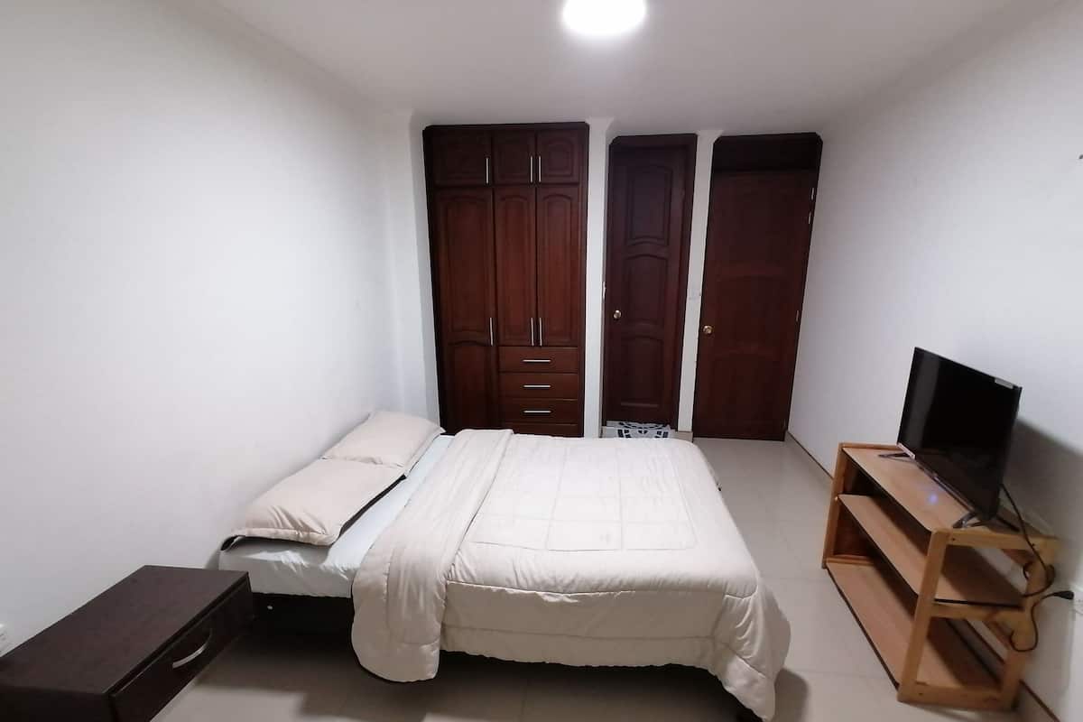 A bedroom with a bed, a TV, a wardrobe, and a small wooden cabinet.