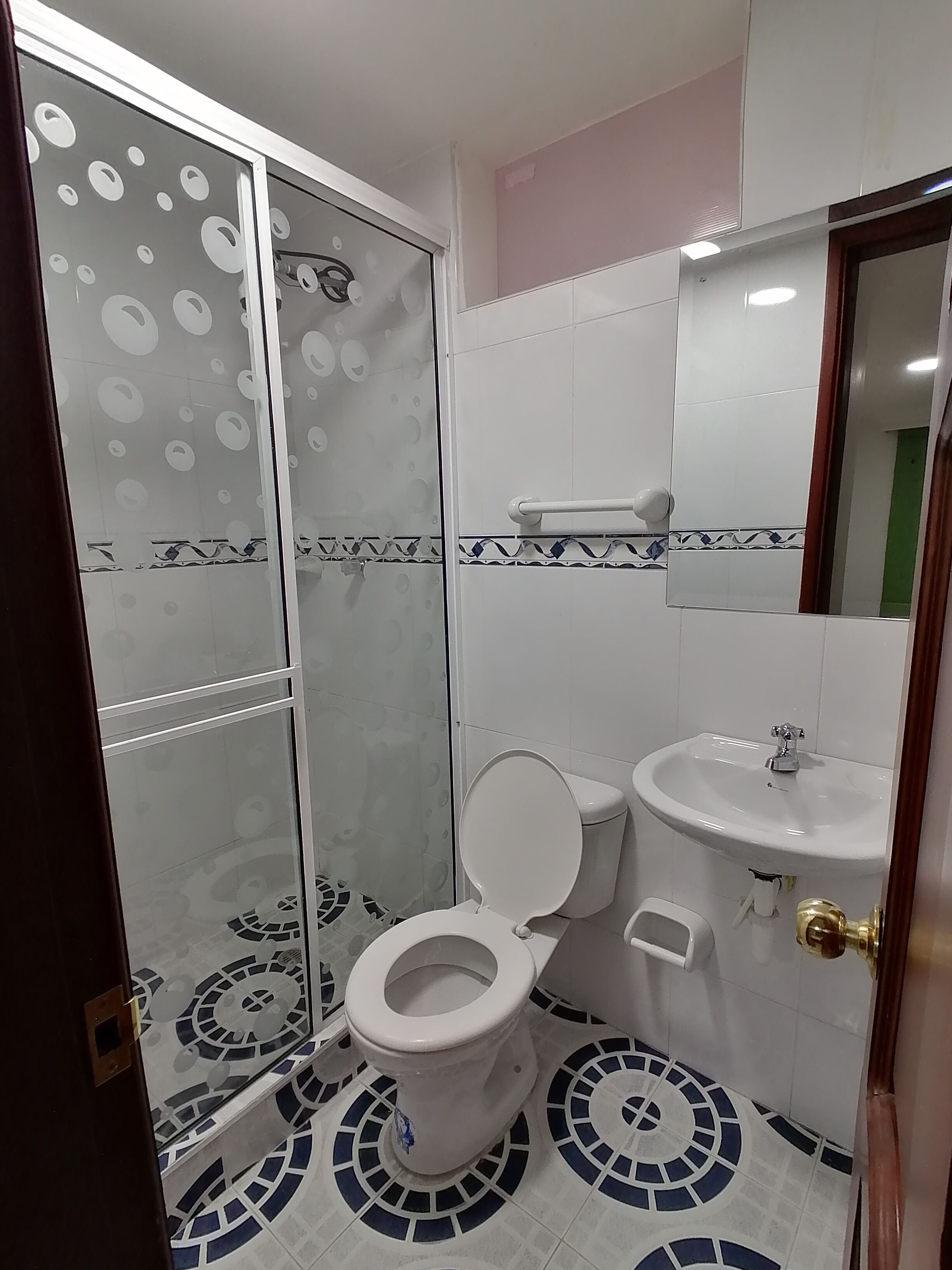 Une salle de bain avec des toilettes, un lavabo et une douche.