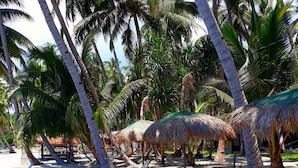 A beach with palm trees and thatched umbrellas. - Peace & Love Beach Club (Roxas)