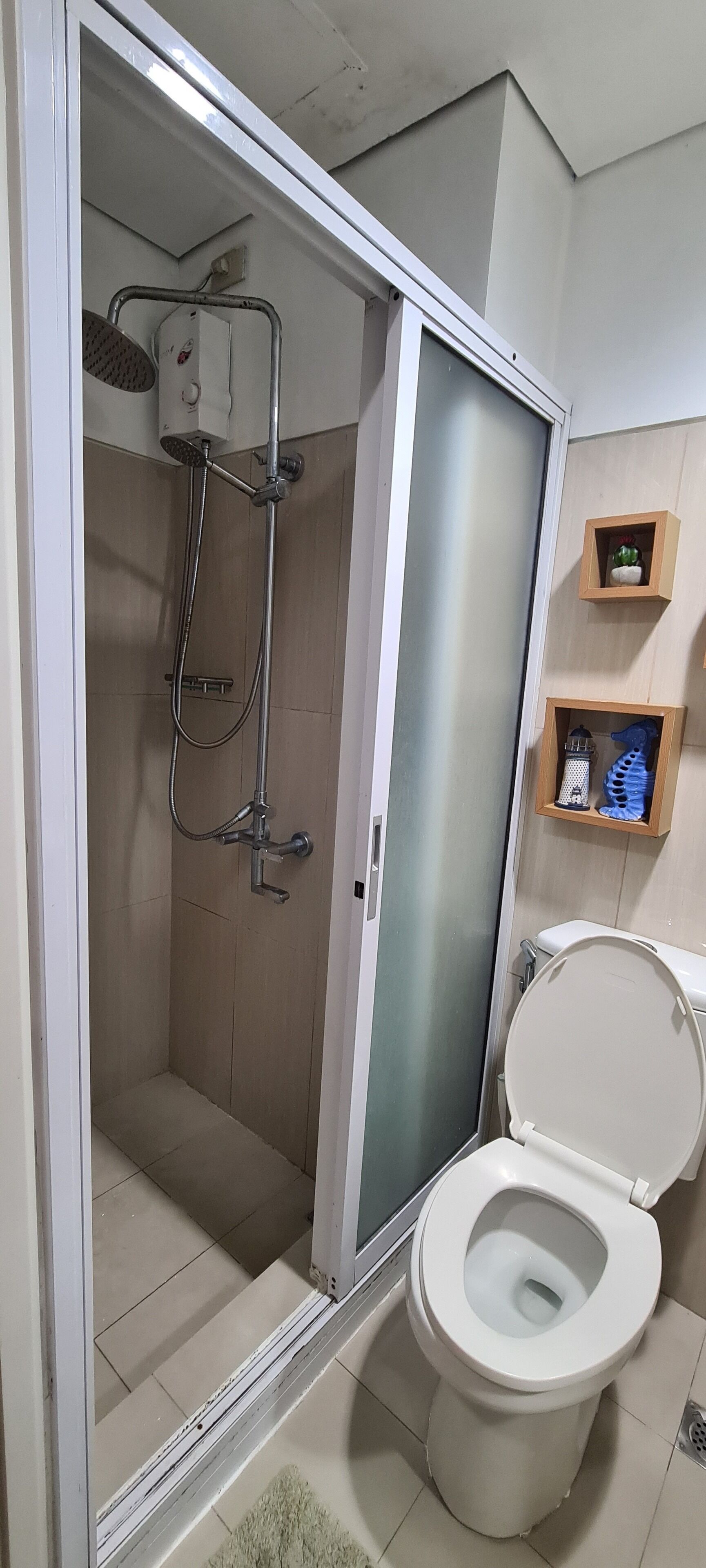 A bathroom with a shower enclosure, toilet, and a small shelf with decorative items.