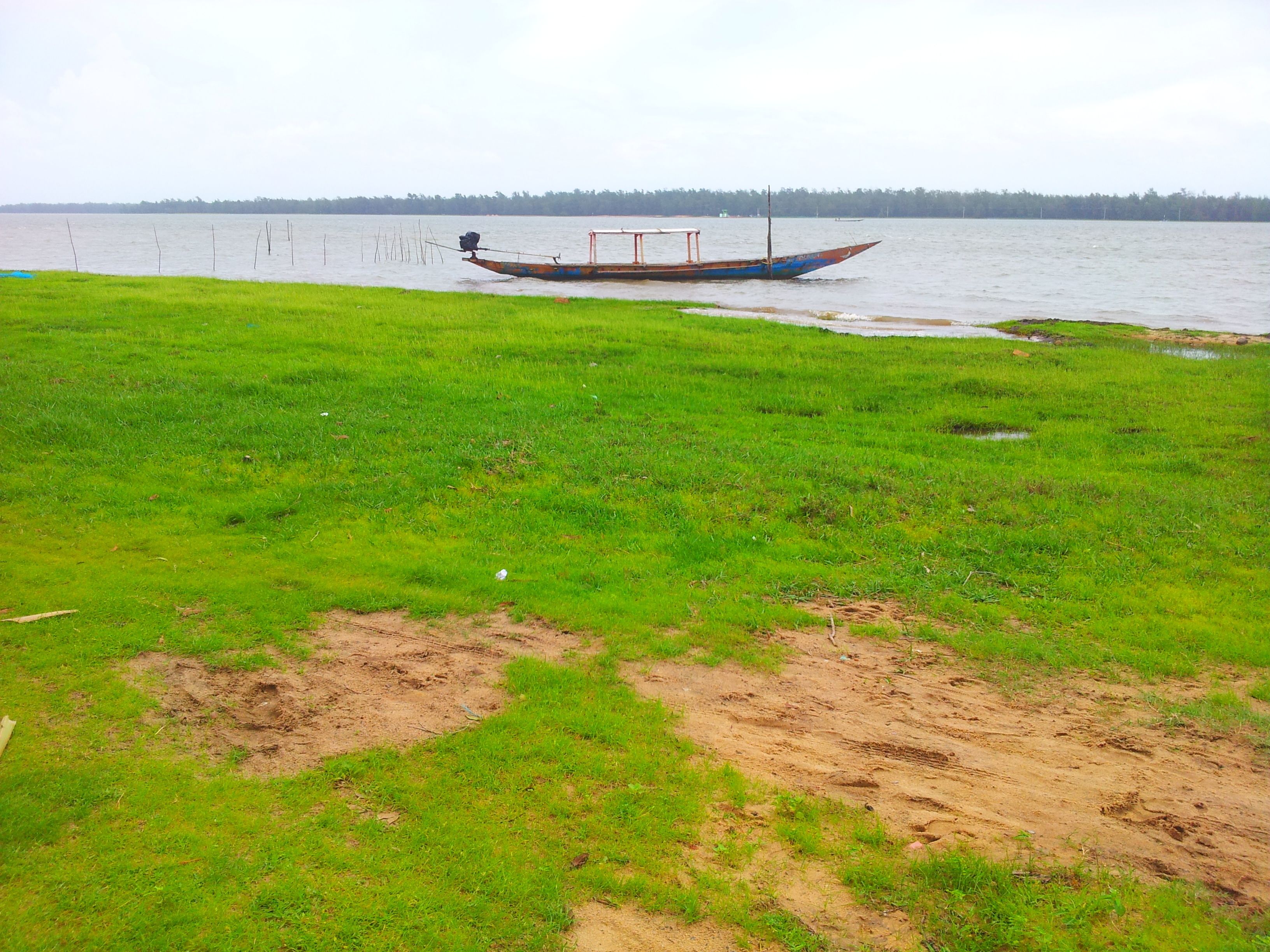 Ein Boot auf dem Wasser mit einer grünen Wiese im Vordergrund.