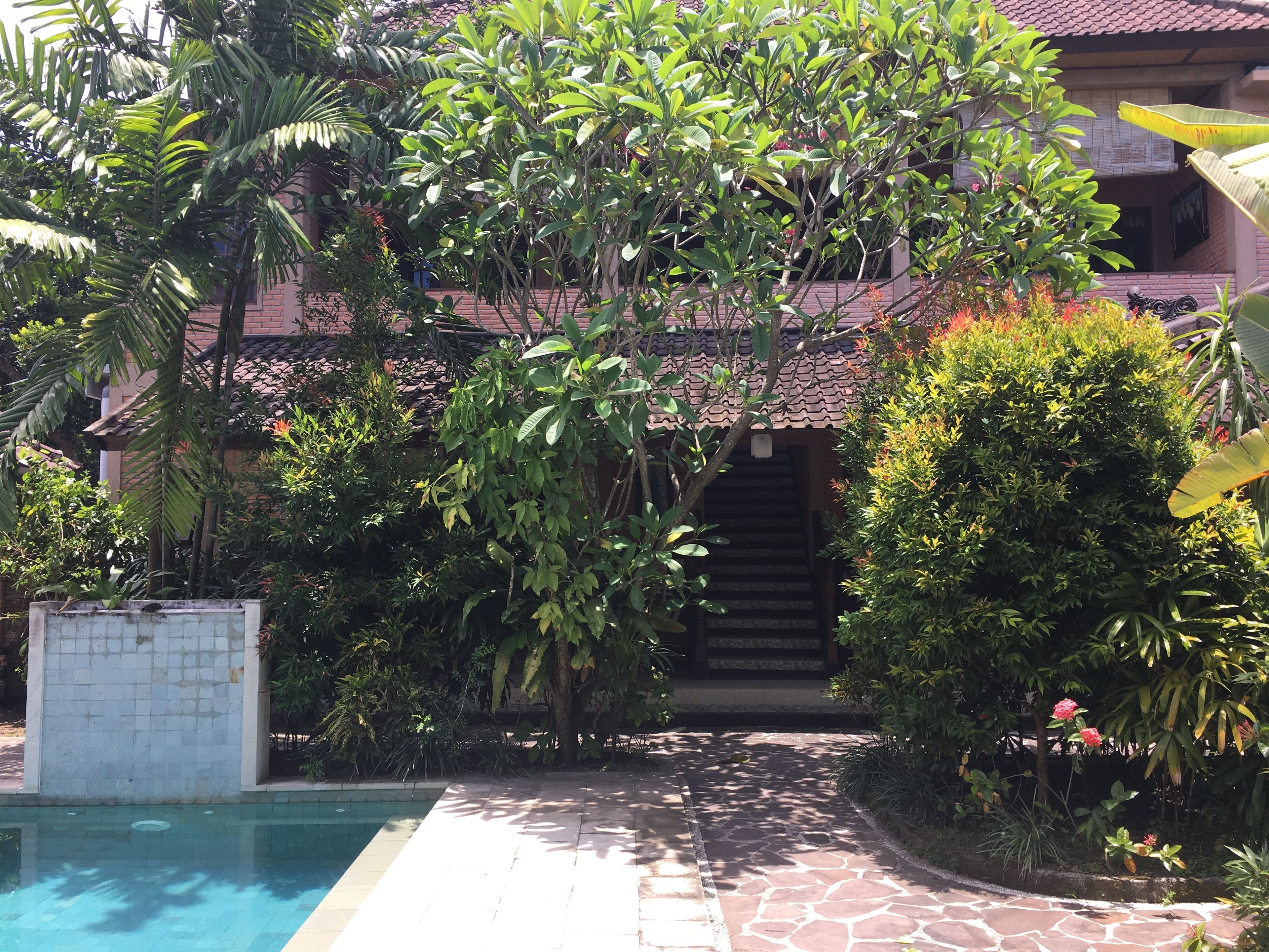 A pool area with a stone pathway leading to a building with a tiled roof.