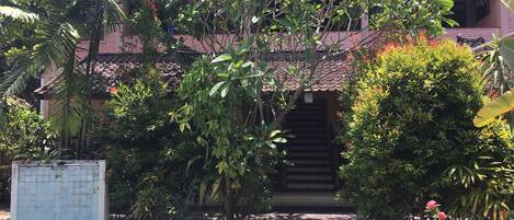 A pool area with a stone pathway leading to a building with a tiled roof.