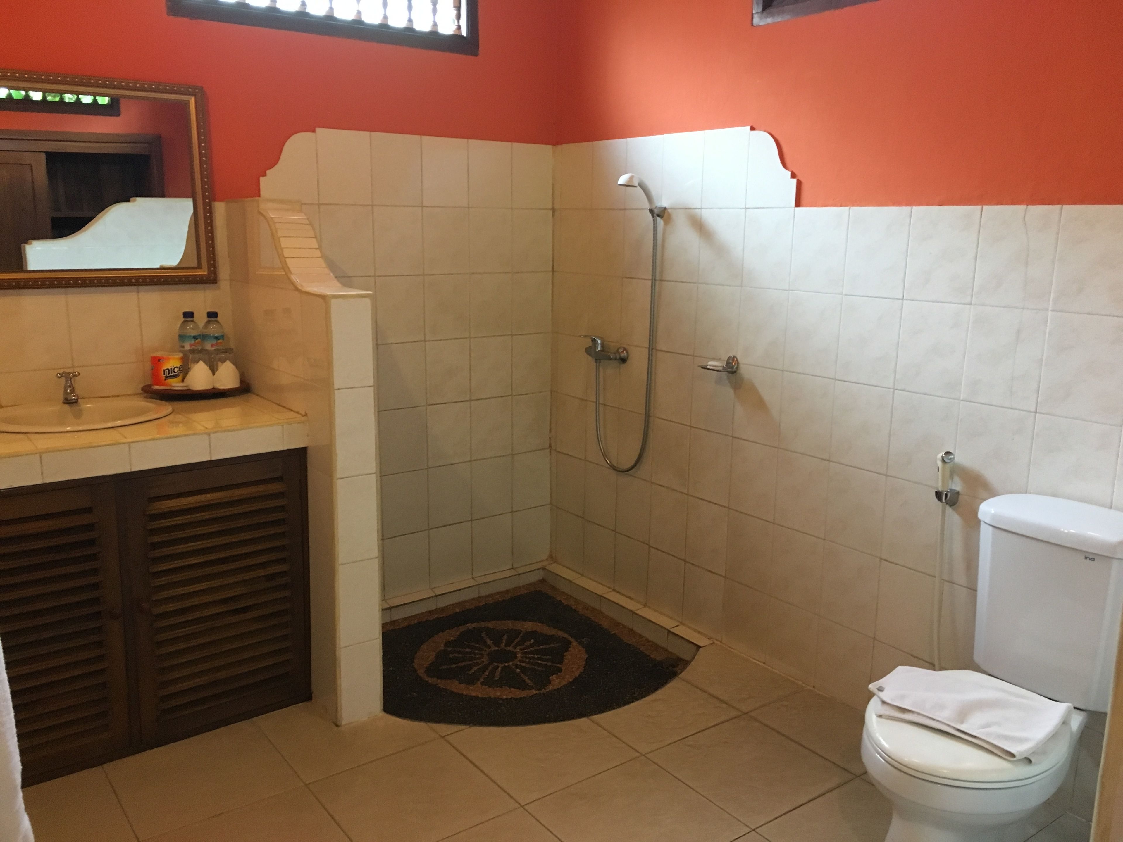 A bathroom with a sink, mirror, shower, toilet, and a small rug.