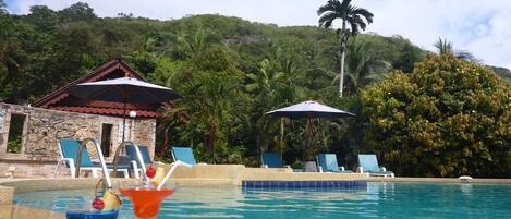 Piscine extérieure, chaises longues