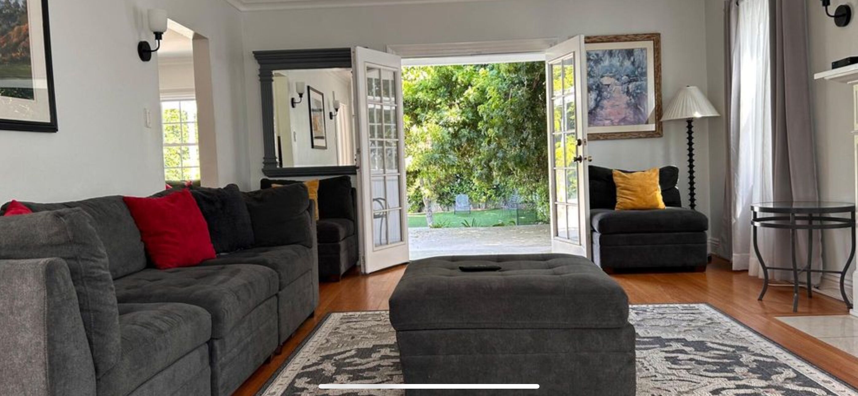 TV, fireplace, books