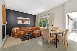 Smart TV, fireplace, books