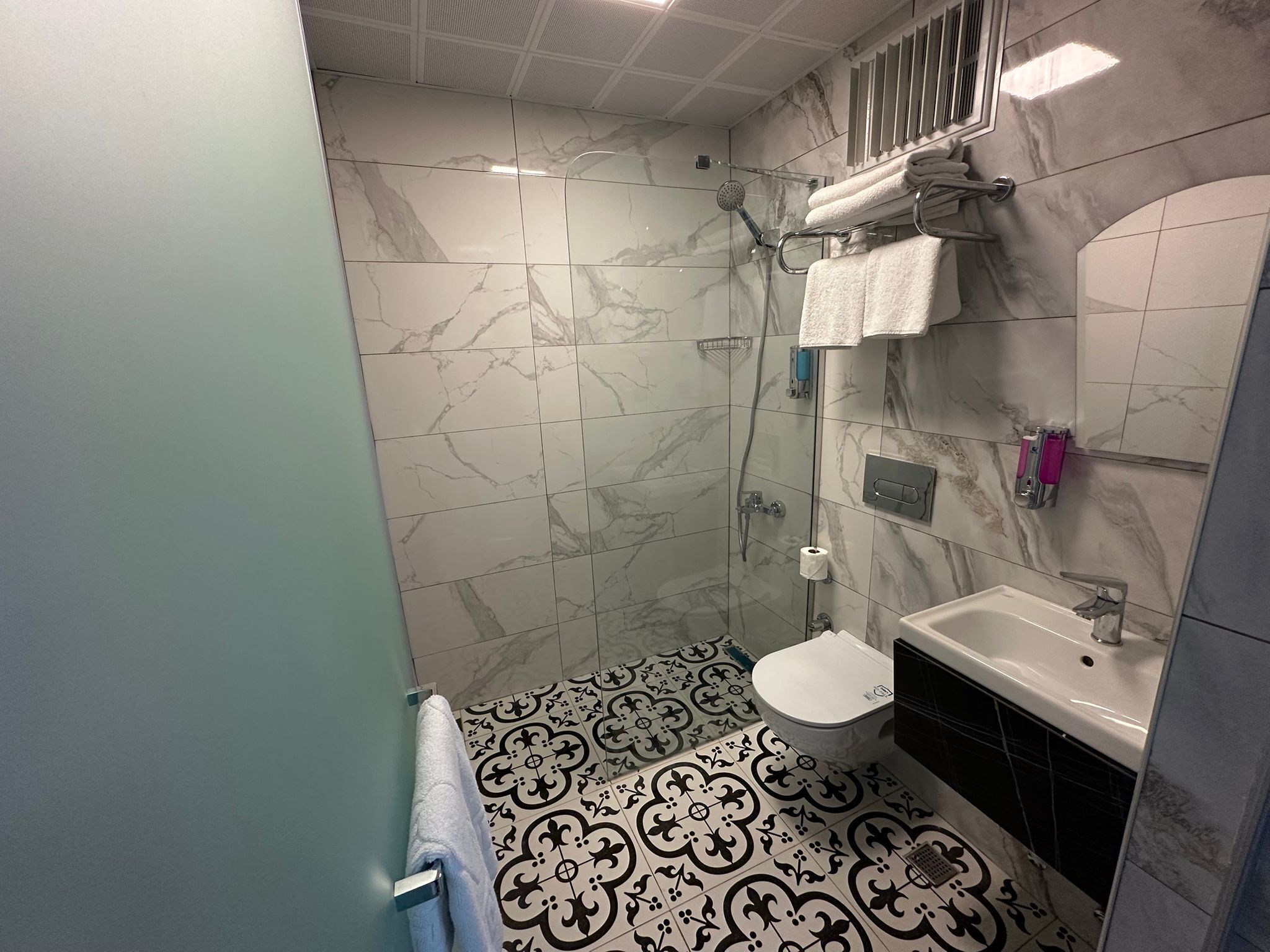 Une salle de bain avec des toilettes, un lavabo et une douche.