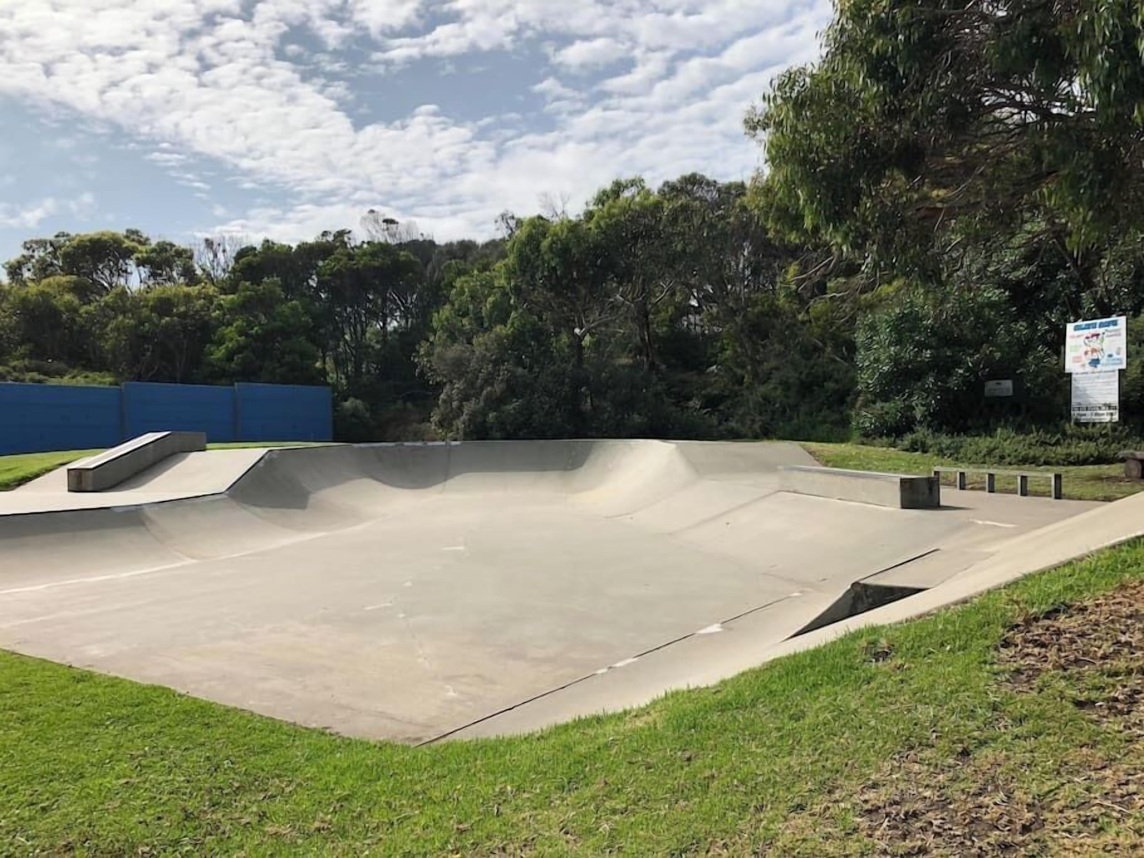 Una pista de skate con rampas de hormigón y una zona plana, rodeada de césped y árboles.
