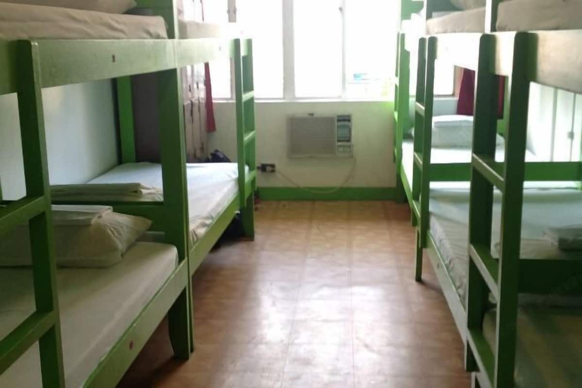 A dormitory room with bunk beds, a window, and a radiator.