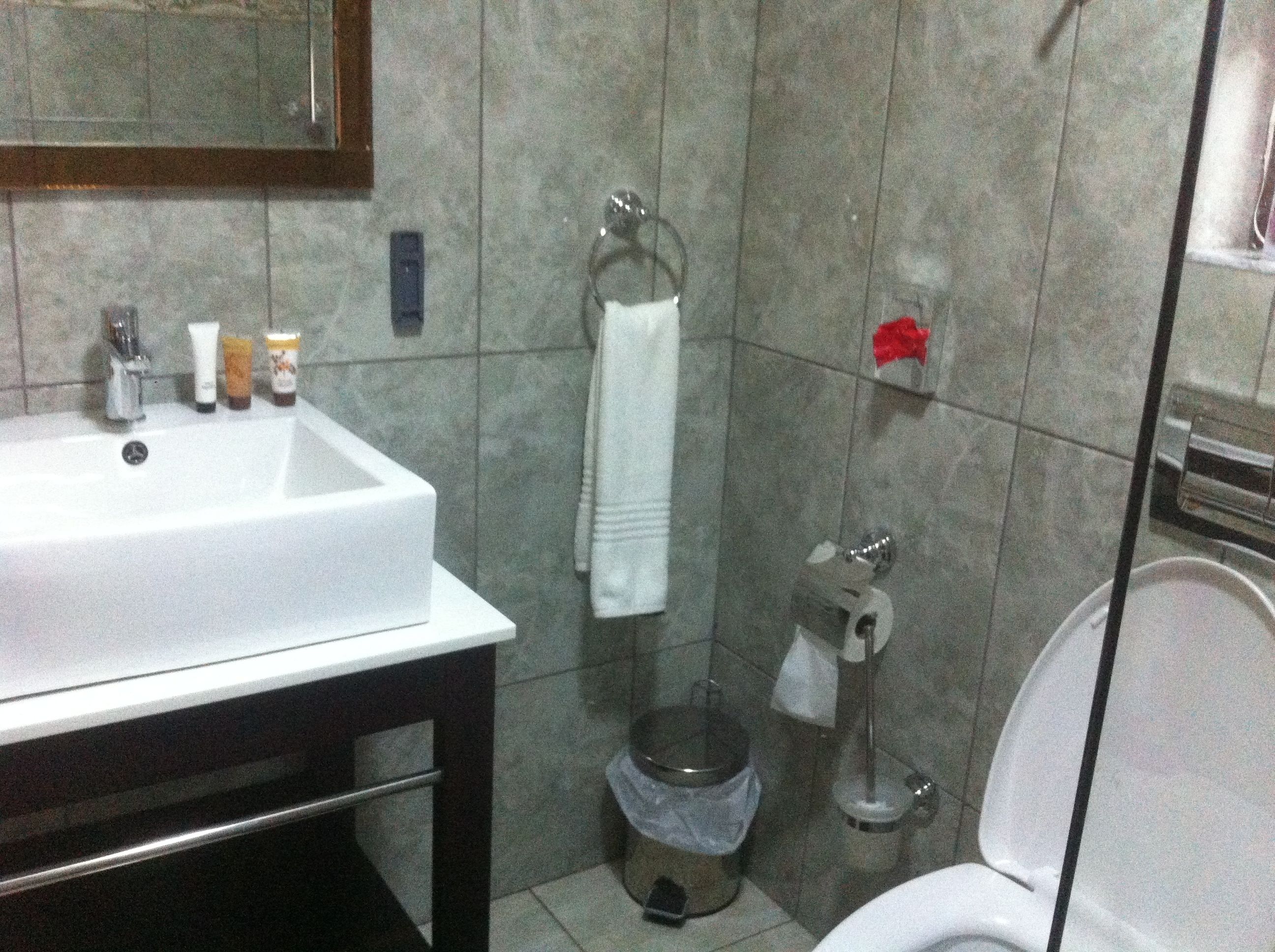 Une salle de bain comprenant un lavabo, des toilettes et un espace douche.