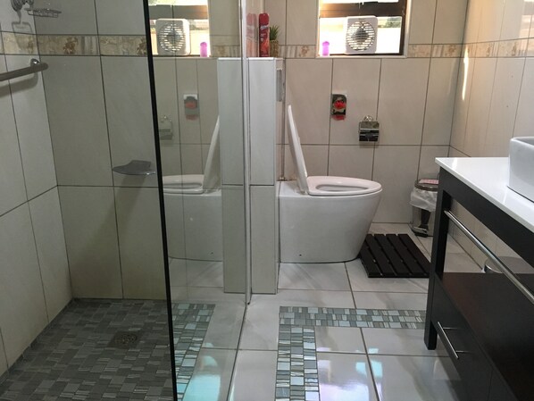 A bathroom with a glass shower enclosure, a toilet, and a sink area. - Marico Guest House (Francistown)