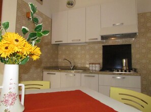 Fridge, microwave, stovetop, cookware/dishes/utensils
