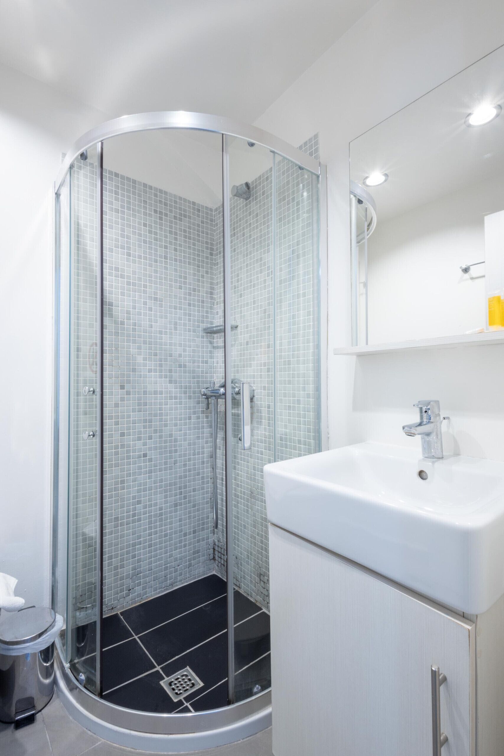 Shower, hair dryer, soap, shampoo