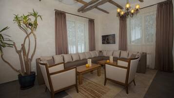 Flat-screen TV, fireplace