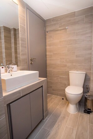 Shower, hair dryer, soap, shampoo