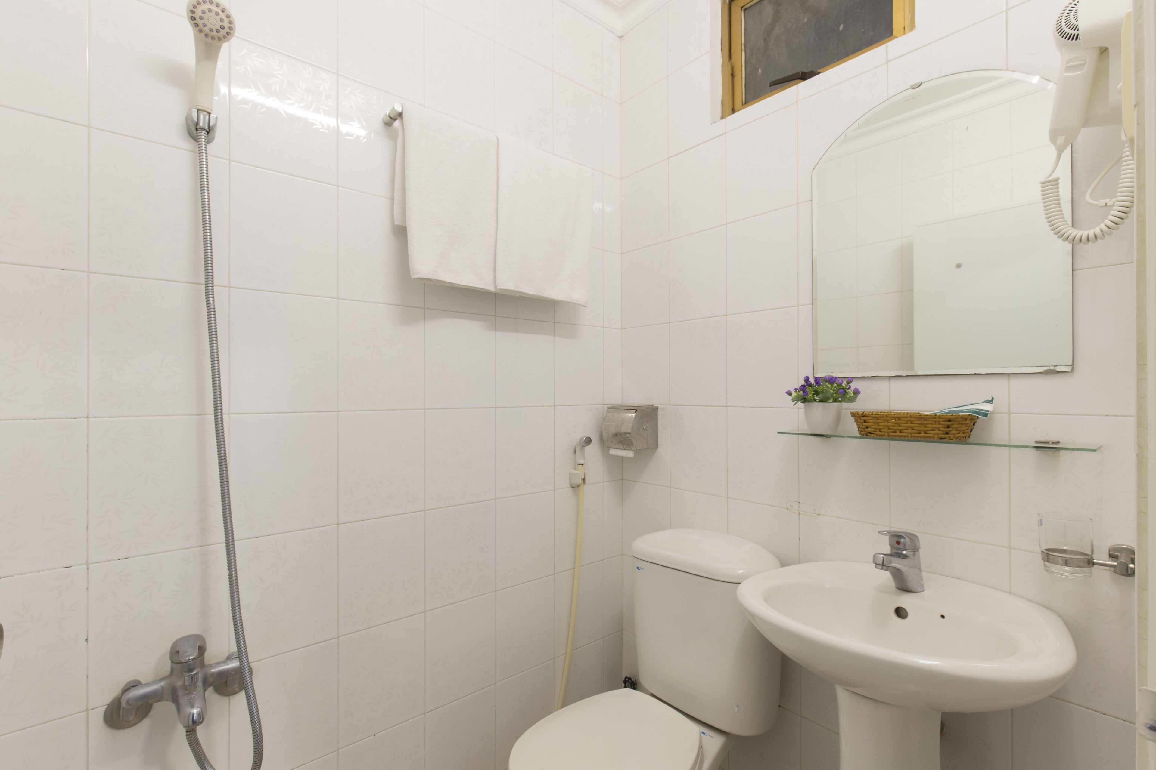 Een badkamer met douche, toilet, wastafel en spiegel.