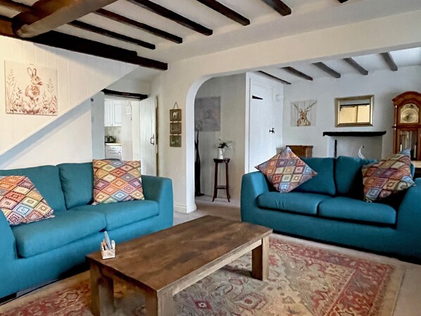 Älytelevisio, takka, DVD-soitin, kirjoja