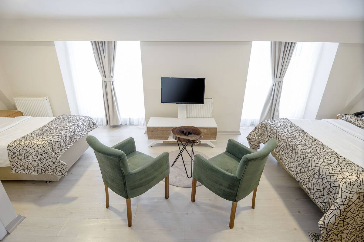 A hotel room with two single beds, a TV on a stand, a small wooden table, and two green armchairs.