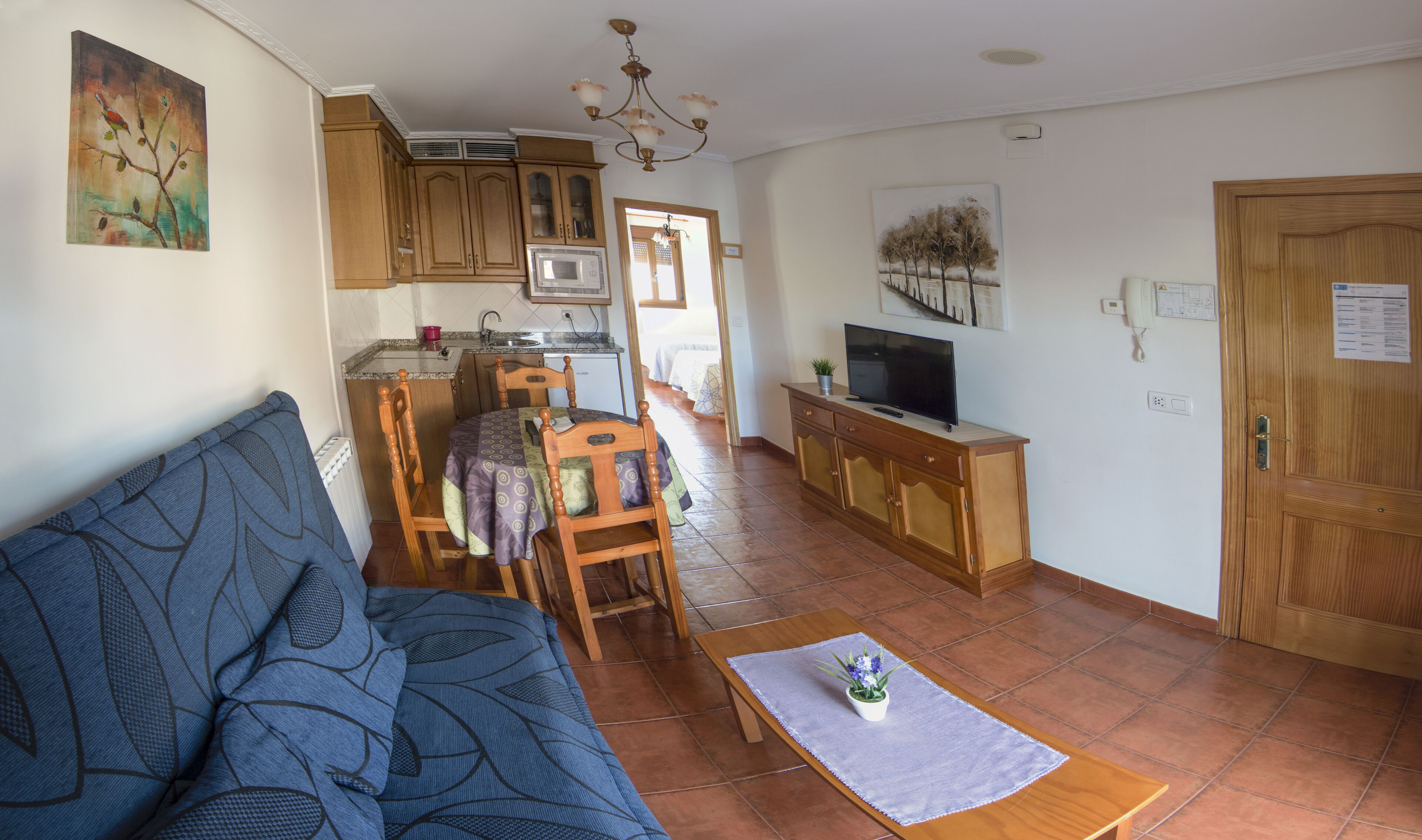 Un saló amb un sofà, una taula de dinar amb cadires, una cuina amb armaris i una televisió, i una porta.